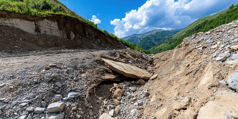 landslide in open environment with a crack in the ground filled with dirt and rubble falling downhill due largely to deforestation and human-created climate change
