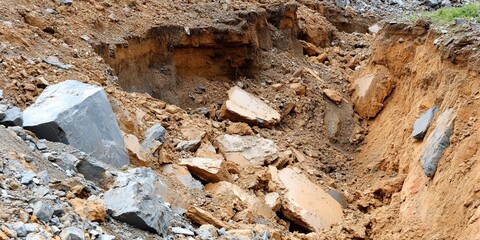 landslide in open environment with a crack in the ground filled with dirt and rubble falling downhill due largely to deforestation and human-created climate change