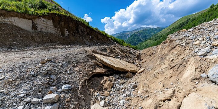landslide in open environment with a crack in the ground filled with dirt and rubble falling downhill due largely to deforestation and human-created climate change