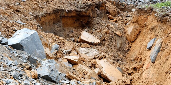 landslide in open environment with a crack in the ground filled with dirt and rubble falling downhill due largely to deforestation and human-created climate change