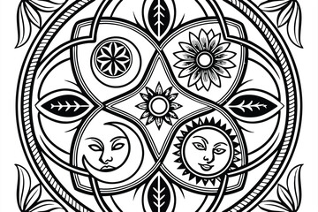 37 Intricate black and white illustration, psychedelic art, complex patterns, organic swirls, abstract shapes, floral motifs, symmetrical design, zentangle style, ornate details, surreal imagery, myst