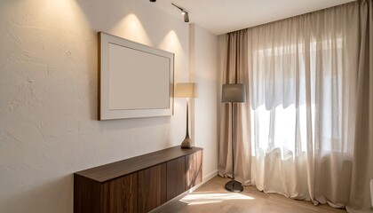 Elegant interior with a modern cabinet, lamps, and airy curtains. A blank framed canvas on the textured wall offers creative possibilities. Serene, bright, and stylish.