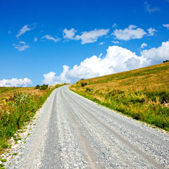 Fototapeta premium Scenic shot of a gravel road winding up a grassy hillside under a bright, cloudy sky. Represents journey, adventure, nature, and exploration. Perfect for travel or inspirational content.