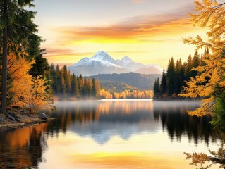 Fototapeta premium Serene Lake Landscape with Majestic Mountains and Vibrant Autumn Colors at Sunrise