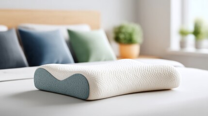 White and blue pillow sits on a bed. The pillow is a memory foam pillow, which is designed to provide support and comfort for the head and neck