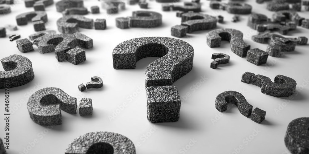 Aufkleber Grey textured question marks scattered on white background, creating a concept of uncertainty, inquiry, and problem-solving