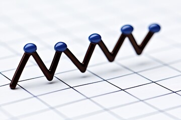 A stylized, upward-trending line graph, with dark-colored line segments and blue dots, sits on a gridded background