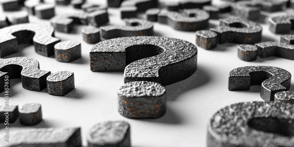 Poster close-up of dark gray textured question marks scattered on white background, suggesting uncertainty 