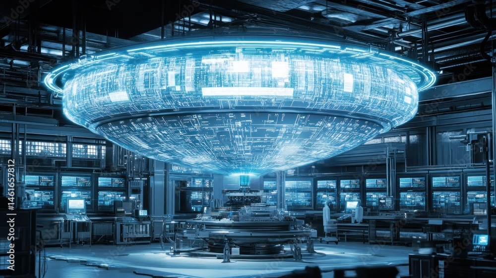 Poster futuristic holographic interface in advanced technology lab with blue light glow. concept of innovat
