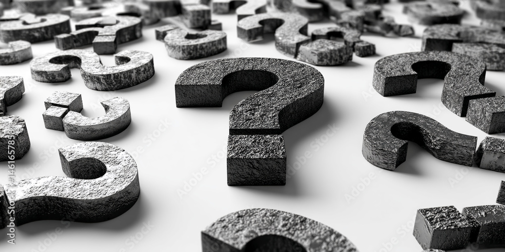 Poster many textured gray question marks on white background, symbolizing uncertainty, inquiry, or problem-