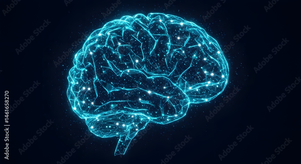 Poster ai image. a glowing blue digital brain with a plexus network structure, symbolizing artificial intel