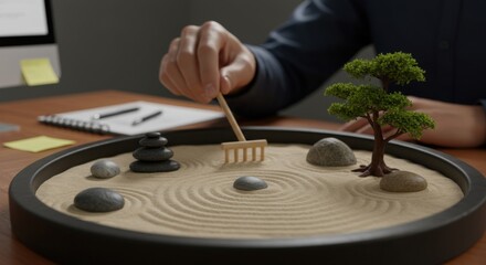 Obraz premium Employee Using Desktop Zen Garden with Rake for Mindfulness and Stress Relief at Office Desk