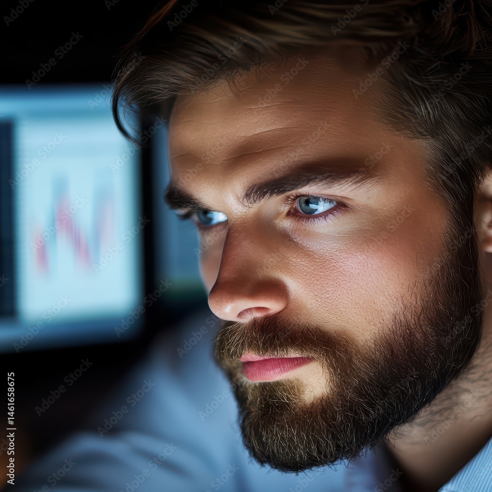 Poster focused young man analyzing financial data on screen in dark office setting with graphs and charts v