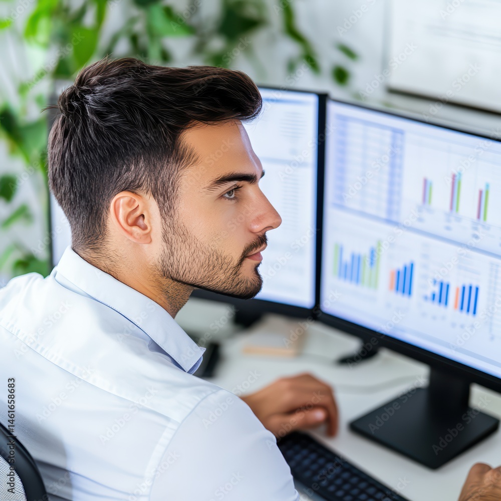 Poster professional male analyst working with financial data and charts on multiple screens in modern offic