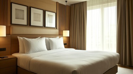 Comfortable hotel bedroom with felt headboard with natural fabric cushion, rattan lamp, wood nightstand and a big wooed wardrove. Holiday destination apartment with Scandinavian style.  