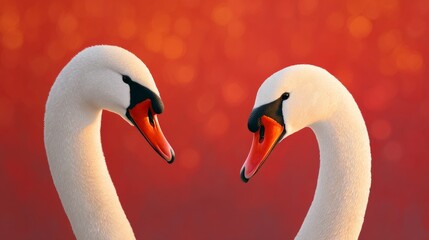 Fototapeta premium Two swans facing each other with their beaks open. The swans are white and their beaks are red