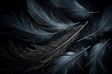 Fototapeta premium Ethereal Dance of Feathers: An artistic composition featuring delicate dark feathers elegantly arranged against a subtle dark backdrop, creating a sense of lightness, movement, and tranquility.