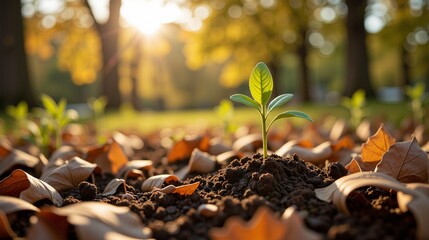 Emerging sprout in rich soil amidst fallen leaves bathed in sunlight - new beginnings