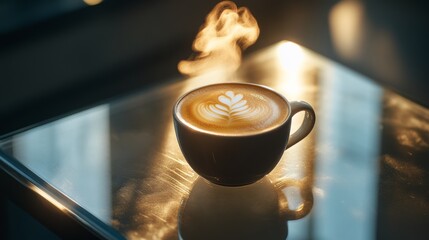 A steaming cup of latte on a reflective surface.