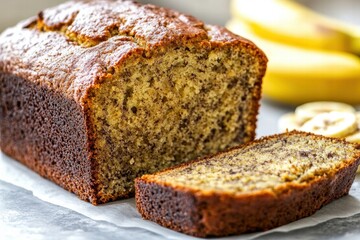 Moist banana bread loaf cut into slices