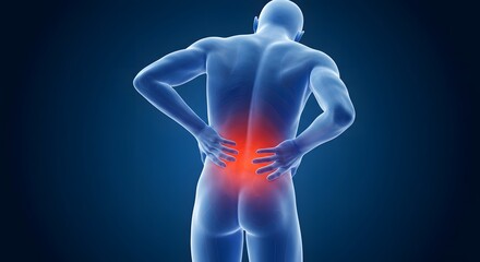 AI image of a transparent human figure showing a glowing red area on the lower back, indicating intense lumbar pain.