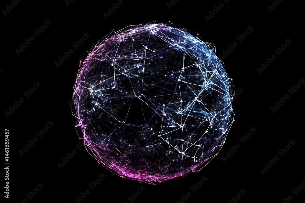 Poster glowing digital sphere made of interconnected lines and nodes on black background. concept of global
