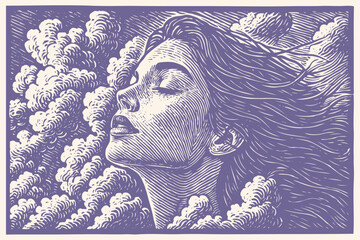 Vector linocut: a serene woman's face with closed eyes and flowing hair merges with swirling clouds. Dreamlike, peaceful illustration in a purple hue.