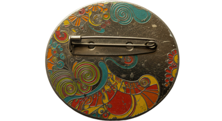 Round vintage metal brooch with colorful abstract psychedelic pattern back view
