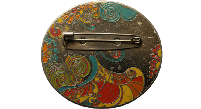 Vintage round metal pin badge back with colorful psychedelic swirling ornament art