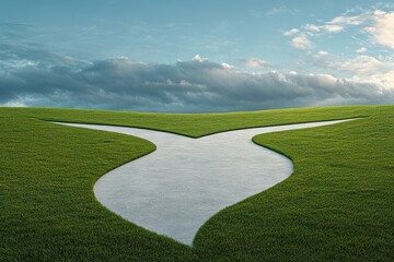 A path of concrete divides into two on a grassy hill under a partly cloudy sky.  Two choices on a landscape of green grass