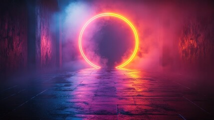 Neon ring glows in a misty, surreal hallway