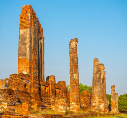 Ayutthaya, Ancient Royal Palace temple ruins,with pillars and remaining brickwork,Thailand.