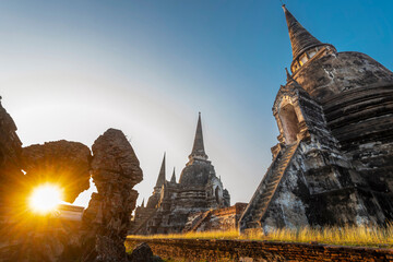 Ayutthaya Temple ruins at sunset,within the ancient Royal Palace complex,Thailand.