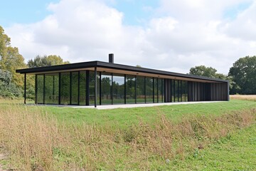 Obraz premium Modern glass house exterior on rural landscape, eye-level perspective, showcasing architectural design and natural surroundings