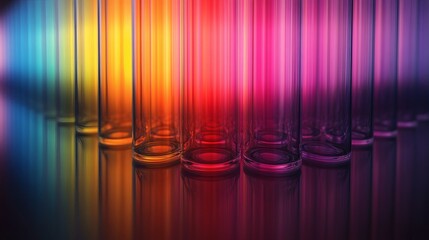 Horizontal rows of colorful test tubes in scientific tray viewed from top angle with sterile brightness representing lab organization and biotech pattern arrangement,


