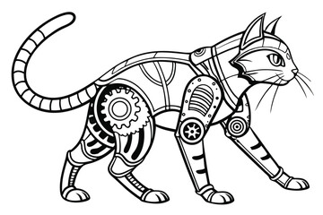 39 Steampunk cat robot, intricate mechanical details, cybernetic feline, gears and circuits, cute robotic eyes, whiskers, cat ears, paws with metal joints, retro-futuristic design, black and white ill