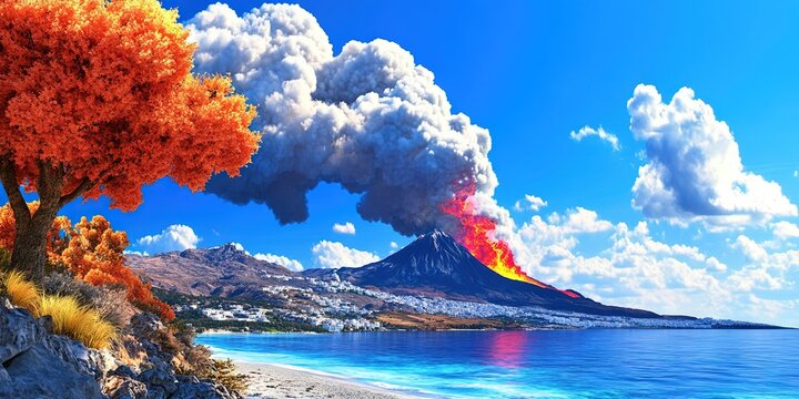 photo of mount thera erupting -