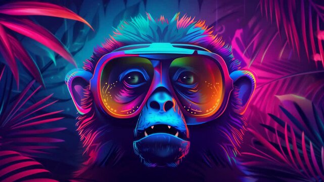 Neon hues illuminate chimpanzee wearing glasses amidst backdrop of tropical foliage, creating vibrant and captivating artistic rendering.