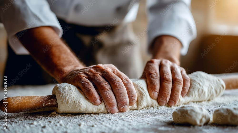 Poster chef is rolling out dough on a table. the dough is covered in flour and the chef's hands are covered