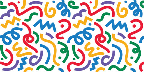 Fun seamless doodle background with colorful scribbles, playful lines, and abstract shapes. Great for posters, fabric, kids content, or creative designs.