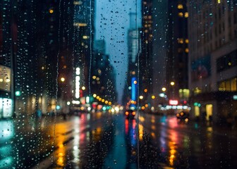 Naklejka premium Night city view through rain-streaked window.