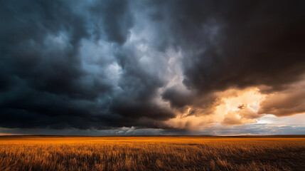 Obraz premium Storm clouds loom over prairie as golden light pierces through, nature's dramatic contrast unfolds