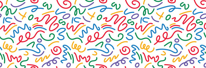 Modern abstract doodle background with squiggly lines, basic shapes, and festive vibes. Great for design projects, textiles, or kids decor.