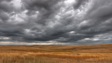 Obraz premium Storm clouds loom over prairie as golden light pierces through, nature's dramatic contrast unfolds