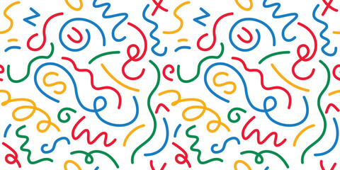 Colorful line doodle background with abstract shapes and playful scribbles. A modern, fun pattern for children, posters, or party design.