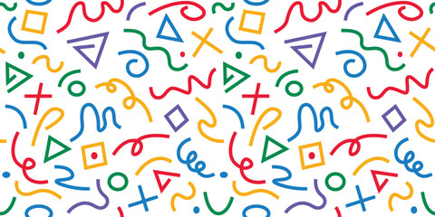 Playful doodle background filled with hand-drawn squiggles and minimalist abstract shapes. A colorful design for kids decor and print.