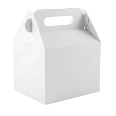 White cardboard takeout box with a handle against a transparent background - a simple packaging mockup.