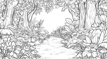 Serene forest pathway surrounded by lush foliage.