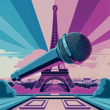 Microphone with the view of city. Concept of travel podcast from paris, radio show or music tour of france. Digital illustration of audio equipment.