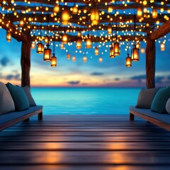 Fototapeta premium Cozy Outdoor Lounge with Lanterns and Sunset Over Calm Water at a Relaxing Beach Resort